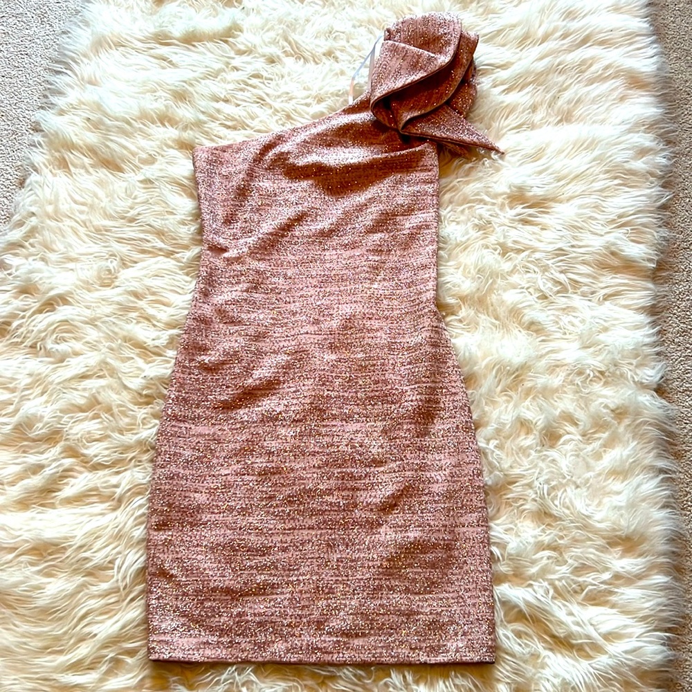 Betsy & Adam pink short, one shoulder dress